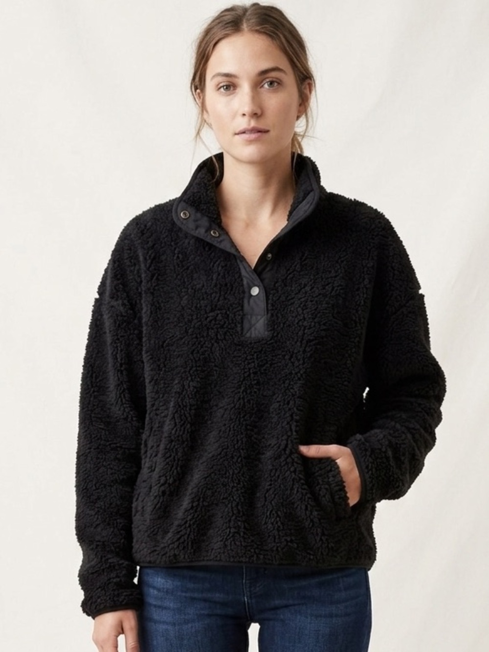 WallFlower Black Teddy Bear Fleece Pullover Quarter Snap Mock Neck Jacket Siz XL